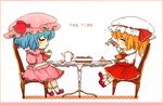  ascot bat_wings blonde_hair blue_hair cake chair chibi closed_eyes cup dress english flandre_scarlet food fork frame hat hat_ribbon heart md5_mismatch mob_cap multiple_girls open_mouth pink_dress puffy_sleeves red_dress rei_(tonbo0430) remilia_scarlet ribbon shirt short_sleeves siblings side_ponytail sisters smile strawberry_shortcake table teacup teapot touhou wings 