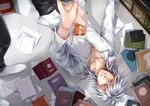  book gift lying makishima_shougo paper psycho-pass short_hair socks white_hair yellow_eyes zaphylla 