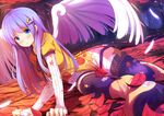  angel_wings arm_support blue_eyes blush boots crescent crescent_hair_ornament feathers forest hair_ornament leaf long_hair long_sleeves looking_at_viewer nature original purple_hair rizky_(strated) sleeves_past_wrists solo thighhighs wings zettai_ryouiki 