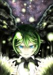  antennae blue_eyes colored_eyelashes fireflies forest grass green_hair hand_up hoshara looking_at_viewer nature night open_hands outdoors parted_lips short_hair sky solo star_(sky) starry_sky tears touhou upper_body wriggle_nightbug 