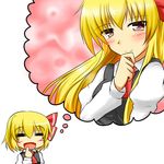  :d =_= alternate_hair_length alternate_hairstyle blonde_hair blouse blush fang hair_ribbon imagining long_hair necktie older open_mouth pink_eyes red_eyes ribbon rody_(hayama_yuu) rumia short_hair smile thought_bubble touhou vest 