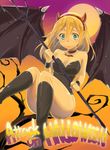  bare_shoulders bat_wings black_legwear blonde_hair blue_eyes blush breasts christa_renz cleavage collar demon_wings fake_horns hairband halloween halloween_costume large_breasts long_hair moon outdoors pitchfork rinda shingeki_no_kyojin solo text_focus wings 