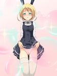  blonde_hair blue_eyes blush humanization isshoku_ao long_sleeves open_mouth roboko_(sekai_seifuku) sekai_seifuku:_bouryaku_no_zvezda short_hair skirt skirt_lift solo spoilers teeth thighhighs white_legwear 