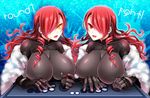  arcade breasts drill_hair dual_persona english framed_breasts hair_over_one_eye huge_breasts kirijou_mitsuru long_hair looking_at_viewer multiple_girls persona persona_3 persona_4:_the_ultimate_in_mayonaka_arena red_hair shibuki_oroshi sweat 