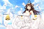  animal bell bird black_eyes brown_hair building cross elbow_gloves hao_(patinnko) kantai_collection kongou_(kancolle) long_hair wedding_attire 