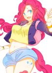  absurdres backpack bag highres horse_tail jacket kumo_ni_notte my_little_pony my_little_pony_friendship_is_magic navel personification pinkie_pie short_shorts shorts solo tail 