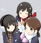  :d ;d ^_^ ^o^ black_hair brown_eyes brown_hair closed_eyes coat copyright_name dated earmuffs fubuki_(kantai_collection) hatsuyuki_(kantai_collection) kantai_collection long_hair mittens multiple_girls one_eye_closed open_mouth ponytail scarf shirayuki_(kantai_collection) short_hair smile snowball snowing twintails twitter_username wara_(warapro) 