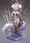  animal_ears armor armored_dress belt faux_figurine floating fom_(lifotai) fox_ears fox_tail full_body gauntlets gradient gradient_background grey_background highres jewelry lazas long_hair looking_at_viewer necklace pixiv_fantasia pixiv_fantasia_fallen_kings pouch scepter solo standing sword tail thighs tree weapon white_hair yellow_eyes 