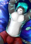  anthro armpits bed belly biceps boxer boxers bulge cute fangs feline fur grey_fur hair lying male mammal muscles on_back one_eye_closed pecs pose ralefov red_eyes saber_tooth_tiger sabertooth sabertooth-tiger shakjoer solo stripes teal tiger topless underwear wink 
