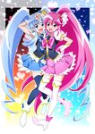  aino_megumi blue_hair blue_legwear blue_skirt boots bow crown cure_lovely cure_princess happinesscharge_precure! heart long_hair looking_at_viewer magical_girl multiple_girls nakahira_guy open_mouth pink_bow pink_eyes pink_hair pink_skirt ponytail precure shirayuki_hime skirt thigh_boots thighhighs twintails v very_long_hair wide_ponytail zettai_ryouiki 