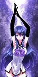  armpits arms_up black_gloves black_legwear blue_eyes blue_hair breasts contrapposto covered_navel cowboy_shot elbow_gloves gloves gokukoku_no_brynhildr kuroha_neko large_breasts long_hair looking_at_viewer matsuryuu parted_lips ribbon sleeveless solo standing thighhighs triangle_mouth wide_hips zettai_ryouiki 