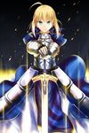  ahoge armor armored_dress artoria_pendragon_(all) blonde_hair dress excalibur fate/stay_night fate_(series) gauntlets glowing glowing_sword glowing_weapon green_eyes hands_on_hilt highres kurorettsu planted_sword planted_weapon saber solo sword weapon 