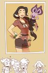  2girls closed_eyes denbaa dracaena_(pokemon) elite_four gampi_(pokemon) gen_6_pokemon multiple_boys multiple_girls noibat pachira_(pokemon) photo_(object) pokemon pokemon_(creature) pokemon_(game) pokemon_xy short_shorts shorts smile team_flare younger zumi_(pokemon) 