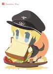  artist_name bad_id bad_pixiv_id blonde_hair blue_eyes chameleon_man_(three) chibi eating erica_hartmann flat_color food fruit grapes hat lettuce minigirl multicolored_hair plate sandwich short_hair simple_background solo strike_witches tail two-tone_hair uniform white_background world_witches_series 