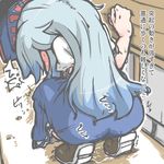  blue_hair blush dripping hat kamishirasawa_keine kureha_mitsushige long_hair orgasm pussy_juice sweat touhou translated 