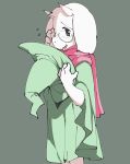  4_fingers blush caprine clothed clothing deltarune eyewear glasses goat hat holding_object male mammal ralsei robe scarf shy simple_background solo standing undertale video_games 