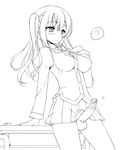  1girl ? blush desk erection futanari long_hair mofuringu monochrome penis pleated_skirt question_mark school_uniform shiny_skin skirt testicles uncensored 