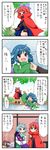  4koma ahoge animal_ears blood blood_from_mouth blue_eyes blue_hair bow brown_hair cloak comic commentary eighth_note hair_bow head_fins heterochromia highres imaizumi_kagerou japanese_clothes jewelry karakasa_obake kimono lying mermaid monster_girl multiple_girls musical_note partially_submerged pendant red_eyes red_hair sekibanki short_hair sparkle tatara_kogasa tongue touhou translated umbrella wakasagihime waving wolf_ears yuzuna99 