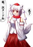  :3 animal_ears banned_artist bare_shoulders blush breasts detached_sleeves fang hat highres inubashiri_momiji medium_breasts oohirakeisuke open_mouth pom_pom_(clothes) red_eyes scarf short_hair silver_hair skirt solo tail tokin_hat touhou translated wolf_ears wolf_tail 