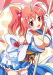  between_breasts breasts cleavage elbow_gloves gloves hair_bobbles hair_ornament large_breasts magical_girl onozuka_komachi red_eyes red_hair scythe solo touhou two_side_up yamisawa 