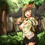  ;d belt belt_buckle bird black_skirt blush breasts brown_eyes brown_hair buckle crow forest hat light_particles looking_at_viewer medium_breasts nature oguro_(xhlj) one_eye_closed open_mouth pleated_skirt shameimaru_aya shirt short_hair skirt smile solo sunlight tokin_hat touhou tree wrist_wrap 