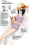  black_hair blue_eyes blush casual_one-piece_swimsuit chair character_profile colorized comic_ryu cyclops frilled_swimsuit frills hard_translated hat lounge_chair manako measurements monster_girl monster_musume_no_iru_nichijou non-web_source okayado one-eyed one-piece_swimsuit reading short_hair solo sun_hat swimsuit translated 