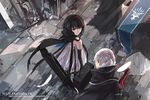  black_hair cape dress elbow_gloves feathers gray_hair pixiv_fantasia purple_eyes red_eyes signed swd3e2 