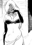  bustier cleavage covering_eyes dark_souls dark_souls_2 deco225 desert_sorceress elbow_gloves female grin hip_bones hood lineart monochrome naughty_face navel no_panties pixiv_manga_sample resized skirt solo souls_(from_software) 