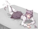  adapted_costume akagashi_hagane alternate_costume animal animal_ears bad_id bad_pixiv_id bed grey_hair jewelry long_sleeves looking_at_viewer looking_up lying mouse mouse_ears mouse_tail nazrin necklace on_bed on_stomach pantyhose red_eyes shirt short_hair simple_background skirt solo tail touhou white_background white_legwear white_shirt 