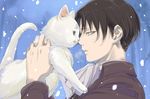  ascot black_hair cat jacket levi_(shingeki_no_kyojin) male_focus outdoors profile rinda shingeki_no_kyojin snow solo 