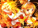  amanayori arm_warmers bow choker cure_sunny detached_sleeves dress eyelashes fire hair_bun hair_ornament half_updo happy highres hino_akane_(smile_precure!) looking_at_viewer magical_girl open_mouth orange_(color) orange_dress orange_eyes orange_hair precure red_bow red_choker red_shorts ribbon short_hair shorts smile smile_precure! solo wrist_cuffs 
