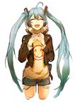  ahoge casual closed_eyes cropped_legs flat_chest green_hair hatsune_miku headphones highres hood hoodie jacket leather leather_jacket long_hair open_mouth shorts sketch smile so-bin solo twintails very_long_hair vocaloid 