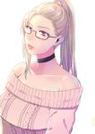  bad_id bad_pixiv_id bangs blonde_hair breasts choker collarbone glasses large_breasts long_hair nana_to_kaoru off-shoulder_sweater ponytail purple_eyes semi-rimless_eyewear solo sweater syachihoko_chan tachibana_mitsuko under-rim_eyewear 