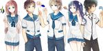  3boys black_hair blonde_hair blue_eyes blue_hair brown_eyes brown_hair dress fish hacco hiradaira_chisaki isaki_kaname kihara_tsumugu long_hair mukaido_manaka multiple_boys multiple_girls nagi_no_asukara sailor_collar sailor_dress sakishima_hikari school_uniform serafuku short_hair side_ponytail standing 