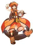  anchor belt boots brown_eyes brown_hair fingerless_gloves gloves guilty_gear guilty_gear_xrd hat long_hair may_(guilty_gear) navel orange_hat orange_shirt pants pants_rolled_up pirate_hat shirt skull_and_crossbones so-bin solo tailcoat 