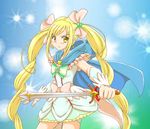  blonde_hair blue_background bow cape choker cure_echo frills hair_ribbon highres hoshikawa_tsukimi left-handed light_particles long_hair magical_girl md5_mismatch pink_bow precure precure_all_stars_new_stage:_mirai_no_tomodachi precure_all_stars_new_stage_3:_eien_no_tomodachi ribbon sakagami_ayumi skirt smile solo sword twintails weapon white_choker wrist_cuffs yellow_eyes 