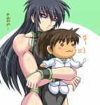  2girls black_hair blue_eyes brown_hair chibi fuyumi_natsuko holding hug leotard long_hair multiple_girls muscle ponytail shimamoto_utako taroimo_(00120014) 