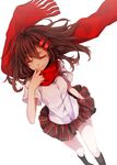  black_hair black_legwear closed_eyes fringe_trim hair_ornament hairclip hakuri highres kagerou_project kneehighs long_hair plaid plaid_skirt red_scarf scarf school_uniform skirt solo tateyama_ayano 