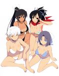  :d absurdres asuka_(senran_kagura) bikini black_bikini black_hair blue_bikini blue_eyes bow breasts brown_eyes brown_hair cleavage from_above front-tie_top green_eyes hair_bow hair_ribbon highres homura_(senran_kagura) indian_style large_breasts long_hair miyabi_(senran_kagura) multicolored multicolored_bikini multicolored_clothes multiple_girls navel official_art open_mouth polka_dot polka_dot_bikini polka_dot_swimsuit red_scarf ribbon salute scan scarf senran_kagura senran_kagura_shinovi_versus senran_kagura_shoujo-tachi_no_shin'ei short_hair short_ponytail simple_background sitting smile string_bikini striped striped_bikini striped_swimsuit swimsuit tan tanline wariza white_background white_bikini white_hair yaegashi_nan yellow_eyes yumi_(senran_kagura) 