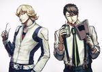  bad_id bad_pixiv_id barnaby_brooks_jr belt blonde_hair brown_eyes brown_hair facial_hair glasses green_eyes grin holding holding_eyewear kaburagi_t_kotetsu multiple_boys necktie reading smile stubble tiger_&amp;_bunny total watch wristwatch 