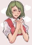  alternate_hairstyle ascot blouse green_hair hair_ornament hairclip hands_clasped heart interlocked_fingers kageyosi kazami_yuuka looking_at_viewer open_mouth own_hands_together red_eyes sketch solo touhou upper_body vest 