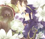  1girl blue_eyes blue_gloves blue_hair blurry bouquet brown_hair cape closed_eyes colored_eyelashes couple depth_of_field fire_emblem fire_emblem:_kakusei flower forehead_kiss gloves height_difference hetero holding hood hooded_jacket isa_(chiyo-s) jacket kiss long_hair long_sleeves lucina mark_(fire_emblem) mark_(male)_(fire_emblem) profile smile striped tiara vertical_stripes white_background 