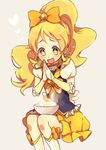  1girl blonde_hair boots bow bowl bowtie brooch chopsticks cure_honey ebo food hair_bow hands_together happinesscharge_precure! jewelry knee_boots long_hair magical_girl oomori_yuuko precure sitting skirt smile solo tamagokake_gohan white_background wide_ponytail yellow_eyes yellow_skirt 