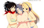  3girls absurdres asuka_(senran_kagura) black_hair blonde_hair blue_eyes breasts greeen_eyes green_eyes grey_hair highres katsuragi_(senran_kagura) large_breasts long_hair multiple_girls official_art senran_kagura senran_kagura_(series) short_hair smile yumi_(senran_kagura) 