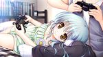  1girl aqua_hair bekkankou blush book brown_eyes clock controller daitoshokan_no_hitsujikai dress floral_print flower game_cg game_controller gamepad hair_ribbon lap_pillow lying on_side playing_games print_dress ribbon strap_slip sundress sunflower ureshino_sayumi 