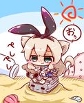  :3 =_= anchor animal_ears blush bottle brown_hair buried cat_ears chibi closed_eyes crying green_eyes hairband kantai_collection kneeling long_hair minigirl rensouhou-chan ribbon ritateo sand shell shimakaze_(kantai_collection) sun 