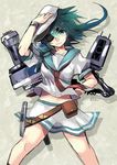  ascot belt bracelet eyepatch green_eyes green_hair hand_on_headwear hand_on_hip hand_on_own_head hat highres ishico jewelry kantai_collection kiso_(kantai_collection) long_hair looking_at_viewer midriff miniskirt pouch sailor_hat school_uniform serafuku short_hair sketch skirt smile solo standing 