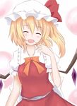  blonde_hair bow closed_eyes flandre_scarlet hachimi hat hat_bow highres open_mouth side_ponytail solo touhou wings 