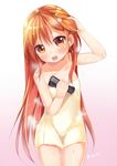  aihara_enju black_bullet blush flat_chest heart heart-shaped_pupils long_hair looking_at_viewer mvv naked_towel open_mouth orange_eyes orange_hair solo symbol-shaped_pupils towel wet 