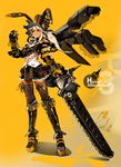  boots chainsword character_request dark_skin gauntlets hat highres knee_boots lace-up_thighhighs long_hair mecha_musume mechanical_wings miniskirt platform_footwear platform_heels red_eyes skirt so-bin solo spikes thighhighs white_hair wings zettai_ryouiki 